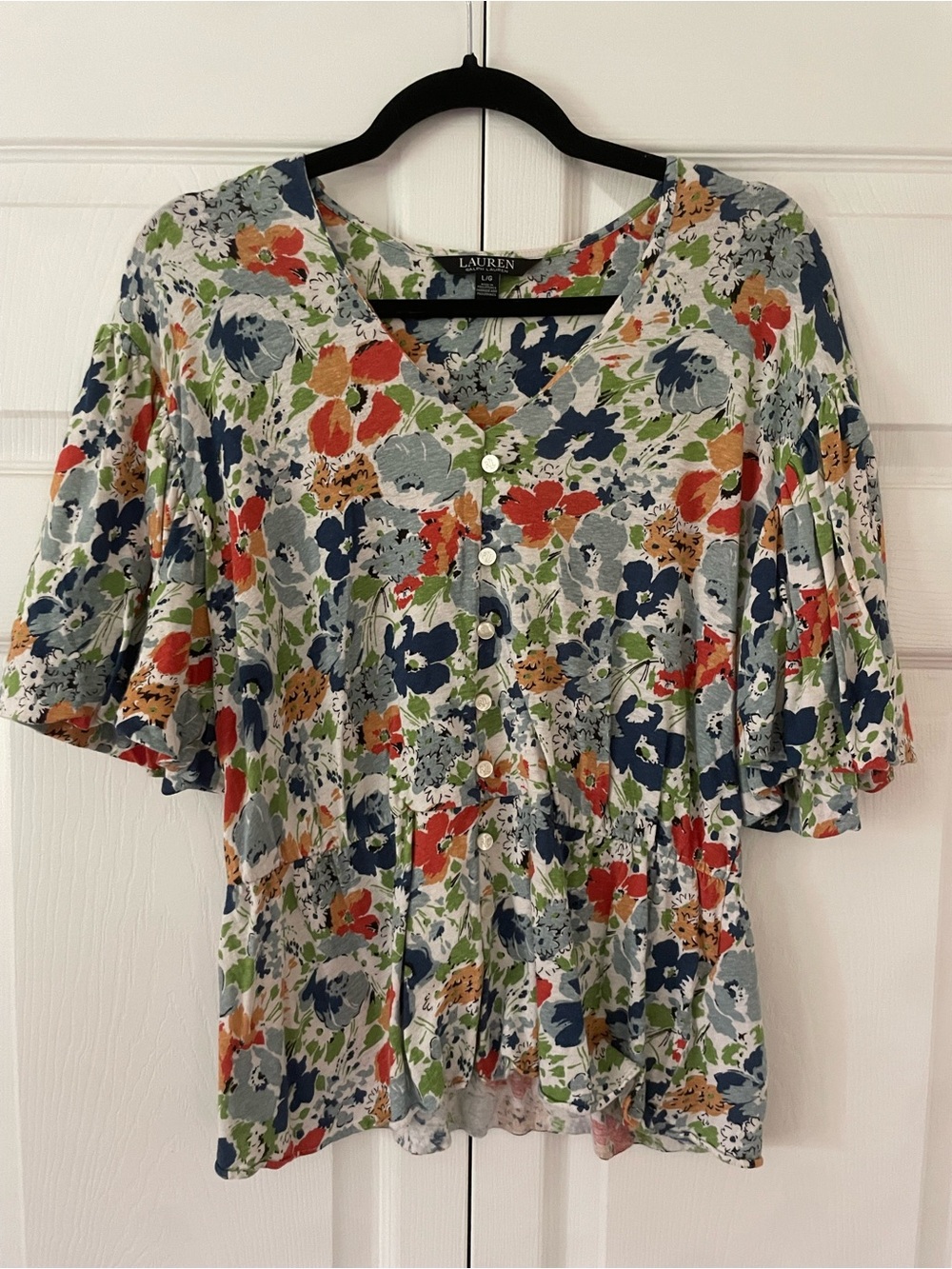 Ralph Lauren Floral V-Neck Button-Front Blouse in Multi-Color